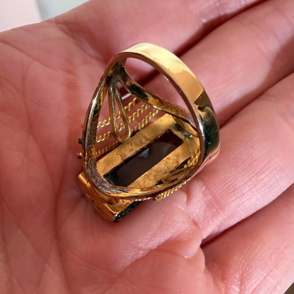 Vintage art deco Smoky Quartz cabochon gold plated oversized cocktail Ring